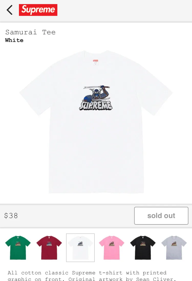 Supreme FW 2021 Samurai Tee (White)